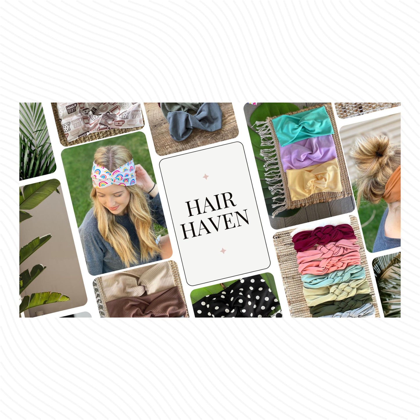 Image collage of various headbands and woman wearing headbands. The center image says "Hair Haven".