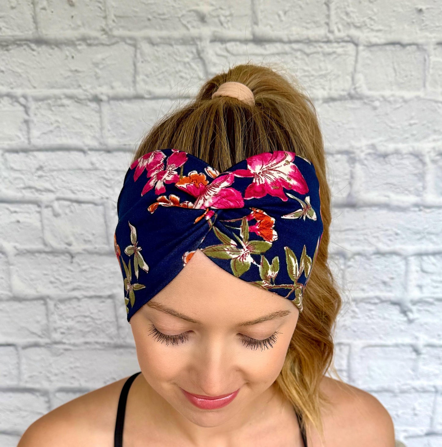 Navy Floral Headband, Soft Stretchy Womens Headband, Floral Gift Idea, Girly Gift, Boho Style, womans accessories, workout theme gift