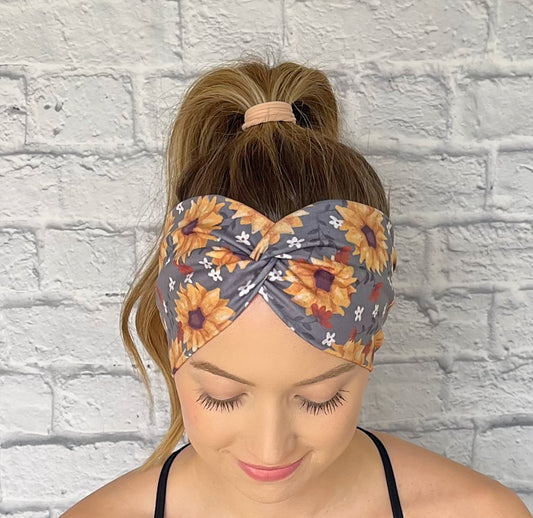 gray headband with sunflowers