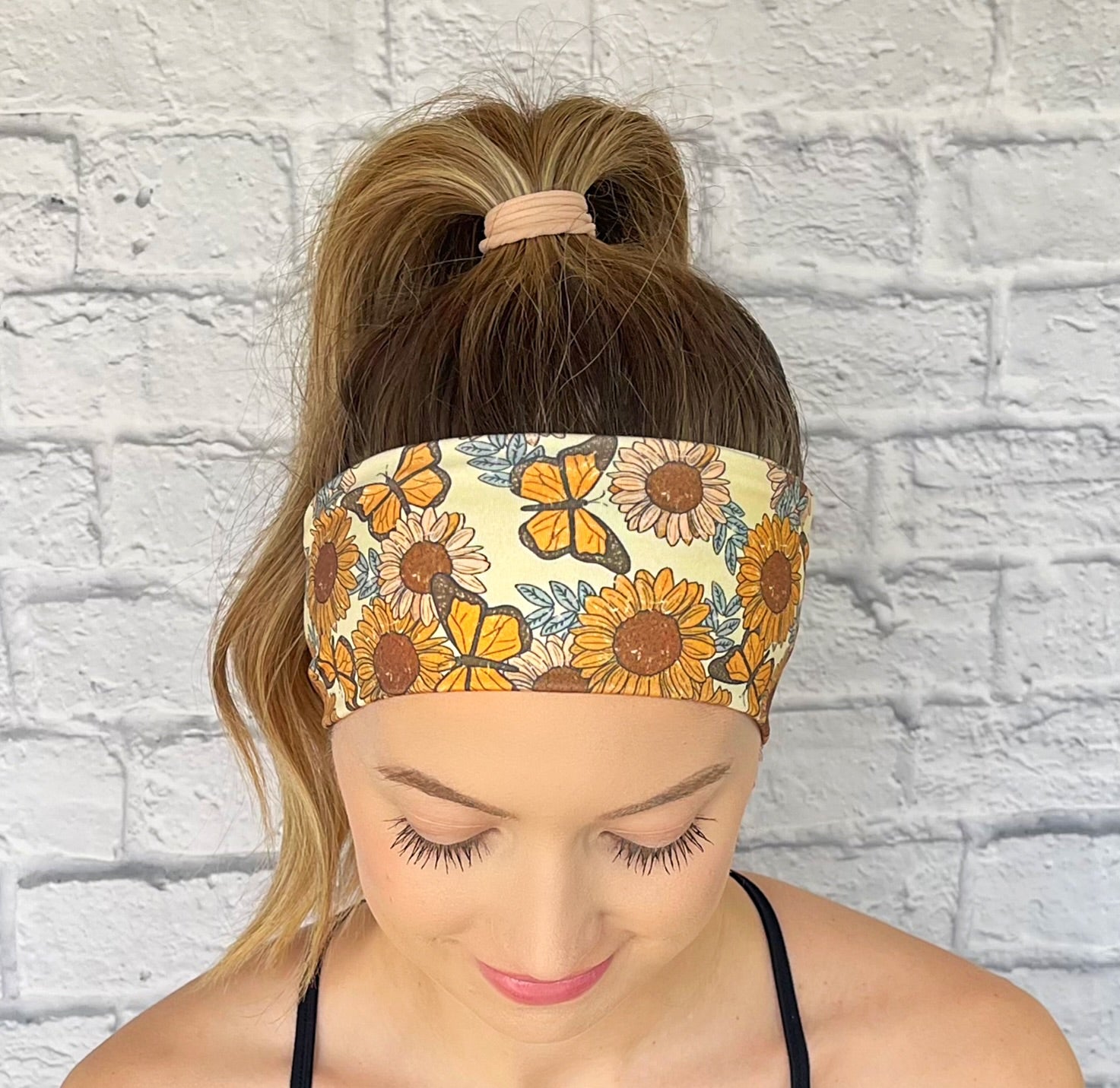 yelllow/tan headband with sunflowers and monarch butterflies