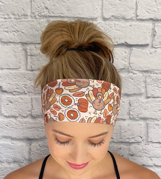 tan headband with turkeys and pumpkins