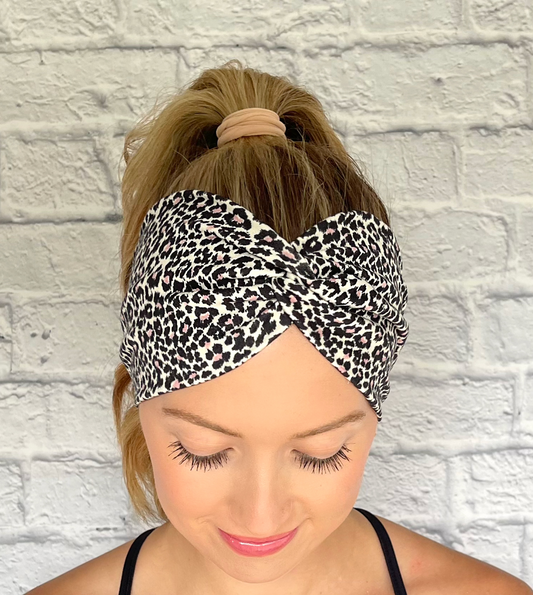 Black and Pink Leopard Headband in Wide Twist style