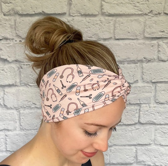 tan/pink medical theme headband