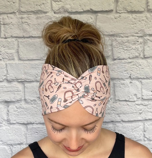 tan/pink medical theme headband