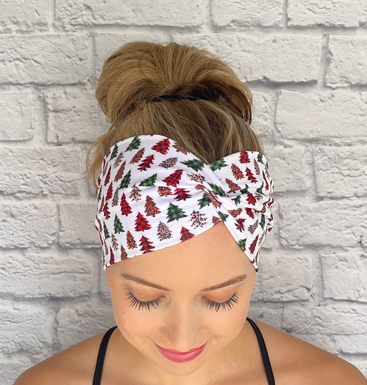 white headband with red, green, and brown plaid and cheetah print Christmas trees