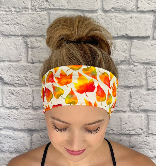 white headband with fall color leaves