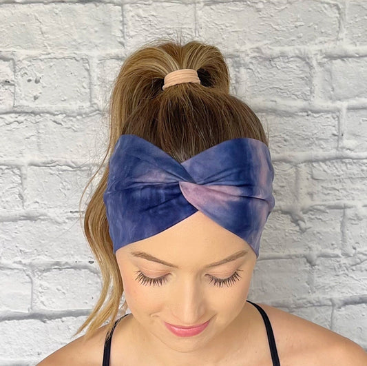 navy blue and pink tie dye wide twist headband