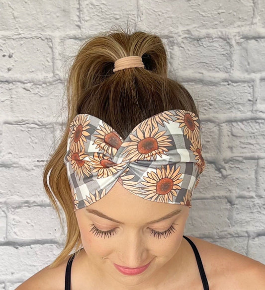 gray and white checker headband with sunflowers