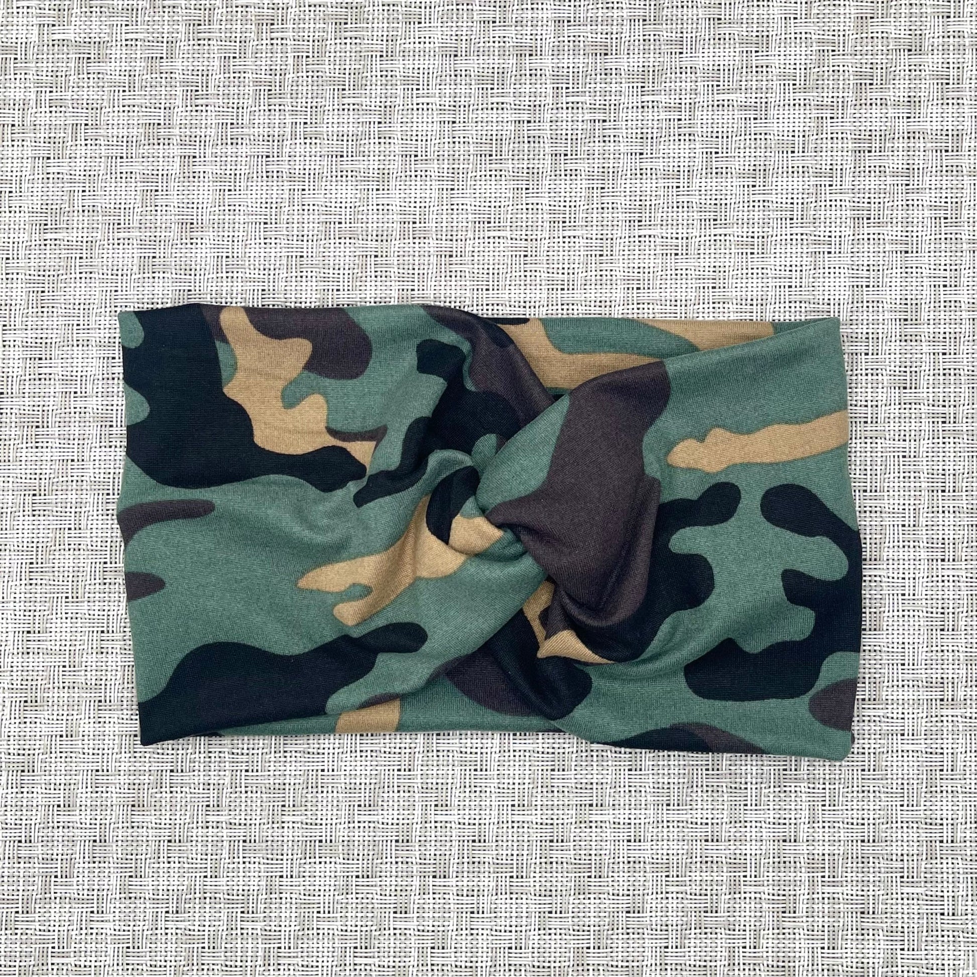 green, tan, brown, and black camo wide twist headband