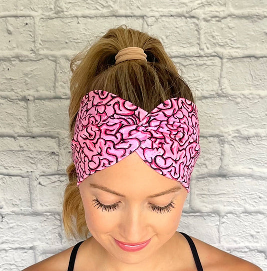 pink wide twist headband with brain print