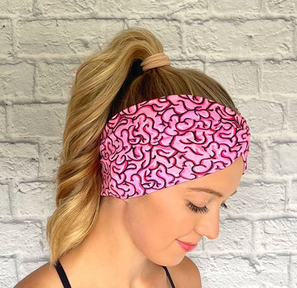 pink wide twist headband with brain print