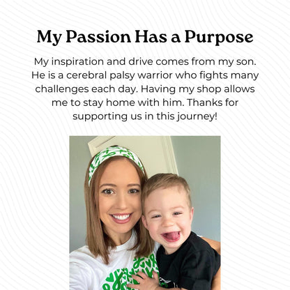 Page stating "my passion has a purpose" with a picture of a woman and son. Contains paragraph about son with cerebral palsy.