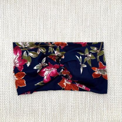 Navy Floral Headband, Soft Stretchy Womens Headband, Floral Gift Idea, Girly Gift, Boho Style, womans accessories, workout theme gift