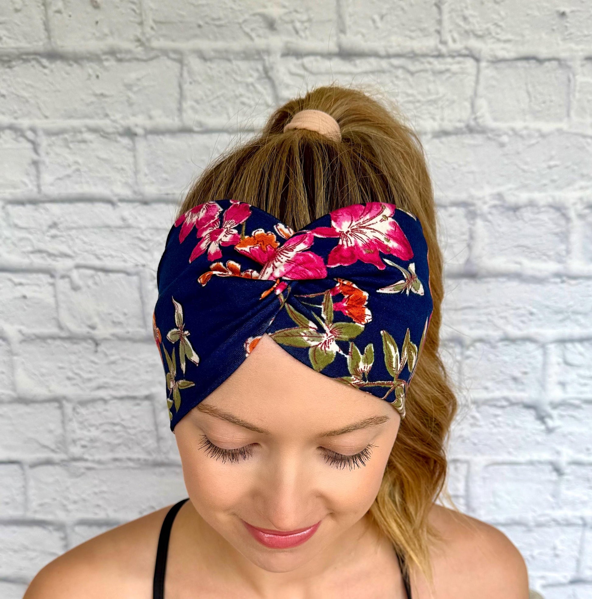 Navy Floral Headband, Soft Stretchy Womens Headband, Floral Gift Idea, Girly Gift, Boho Style, womans accessories, workout theme gift