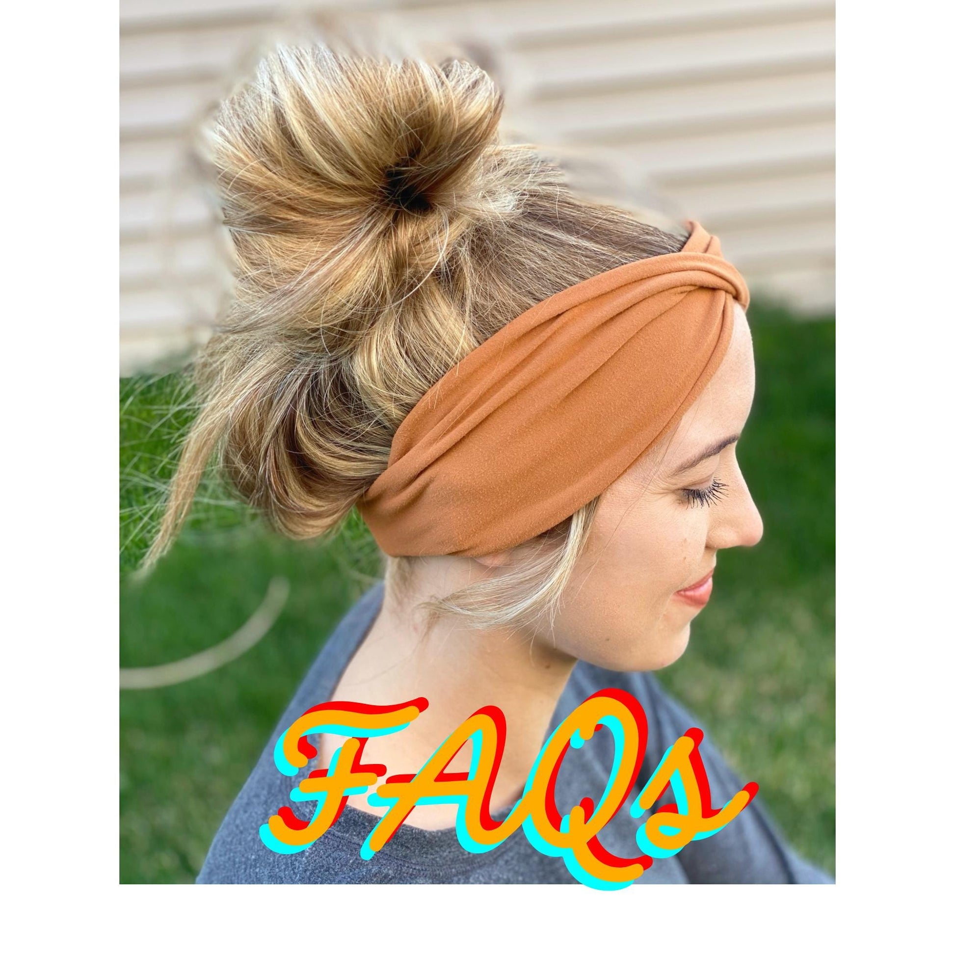A rust-colored, twisted fabric headband. The headband is made of a soft, stretchy material and is shown on a model with a messy bun hairstyle. The text &#39;FAQs&#39; is overlaid on the image in a stylized font with teal, orange, and red colors.