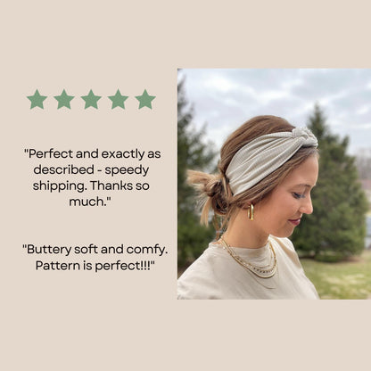 Examples of 2 five star reviews from Hair Haven Accessories and a picture of a woman wearing a soft, stretchy headband.