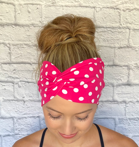 pink headband with white polka dots