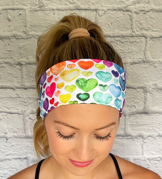 white headband with rainbow hearts