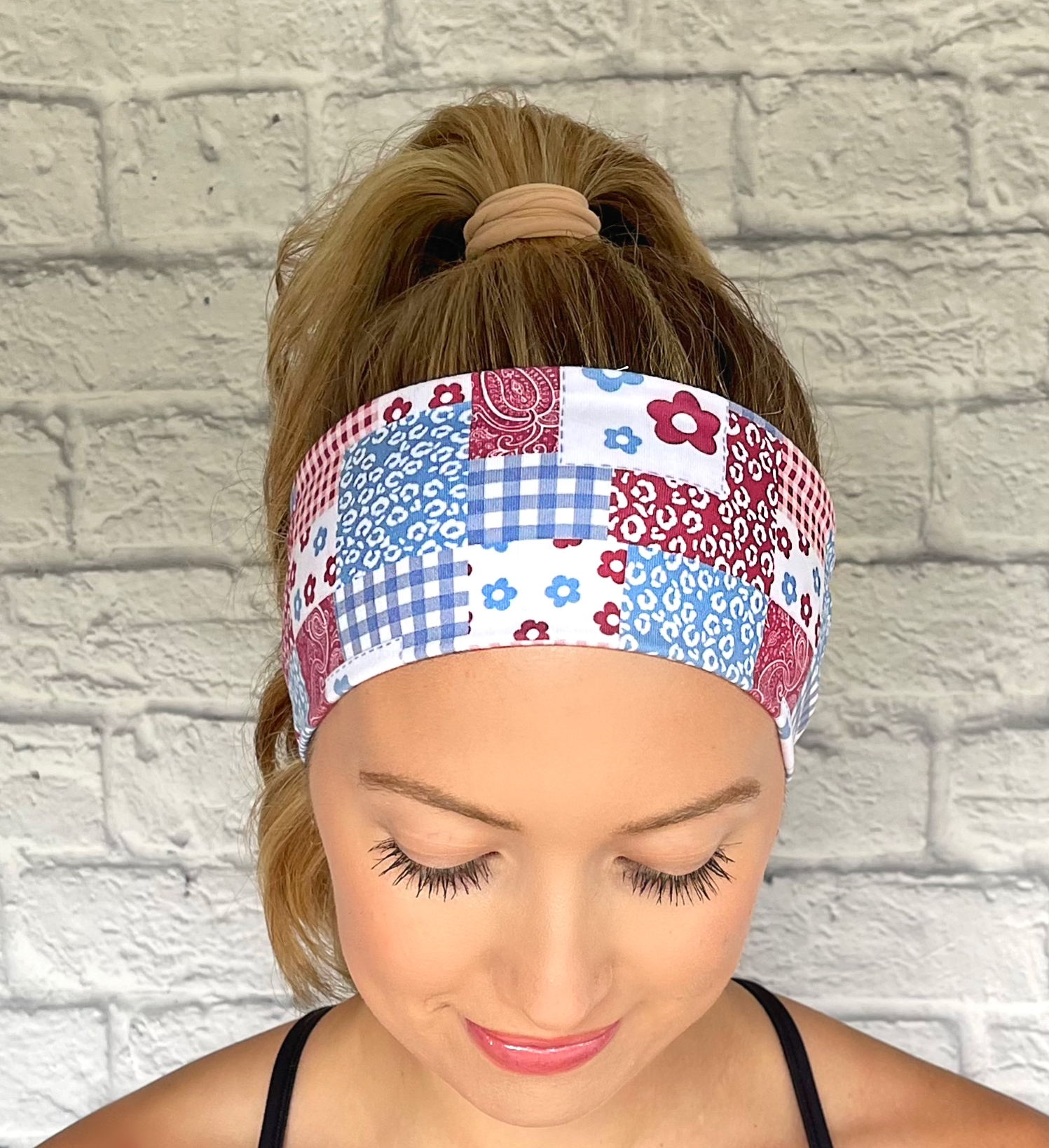 quilted pattern on headband with red, white, and blue. Contains checker print with bandana, plaid, flowers, and checkers