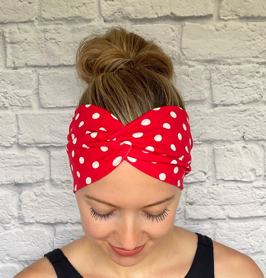 red headband with white polka dots