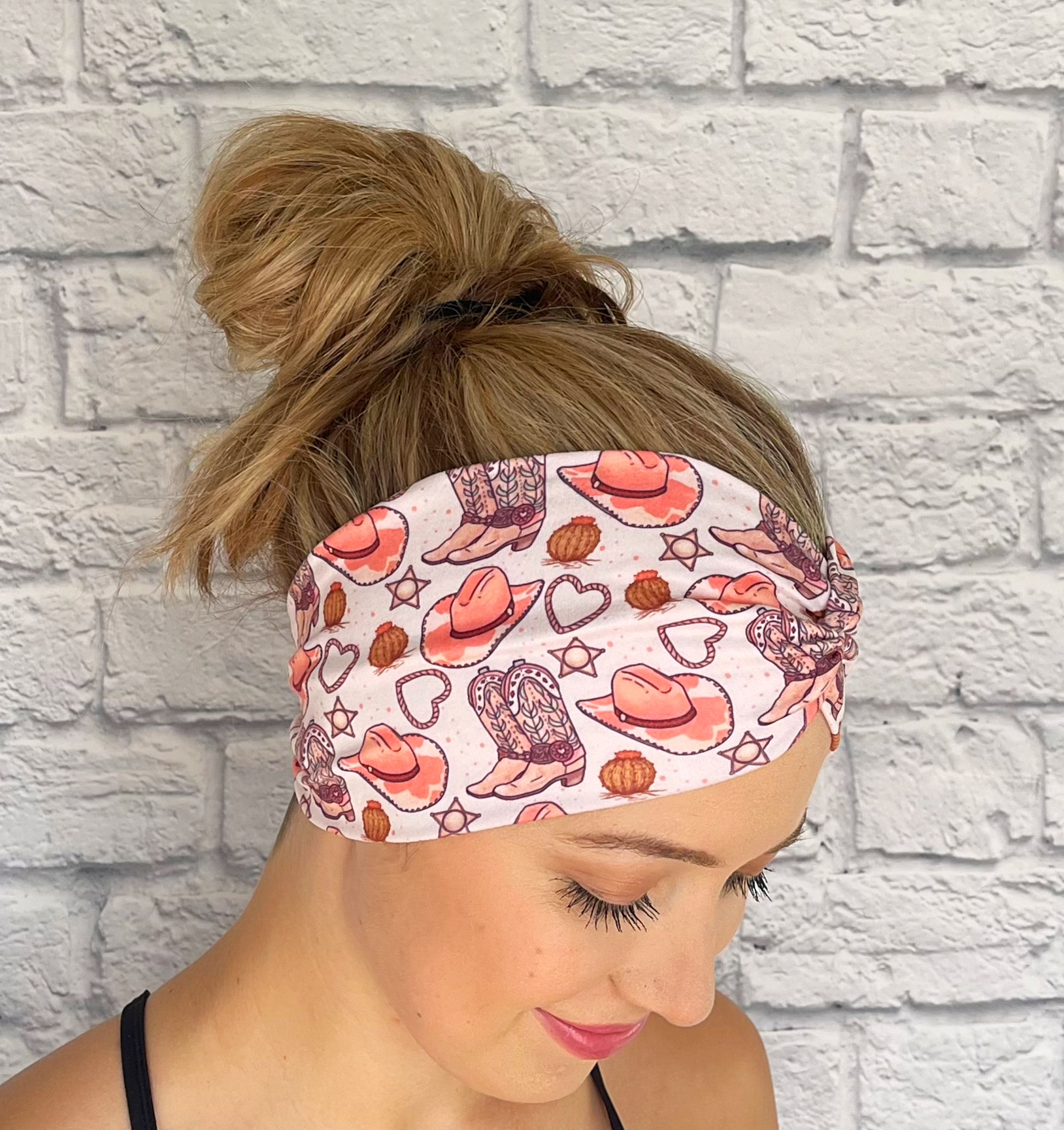 tan headband with pink cowgirl theme print