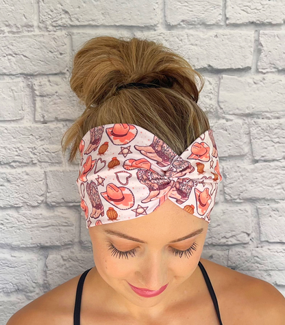 tan headband with pink cowgirl theme print