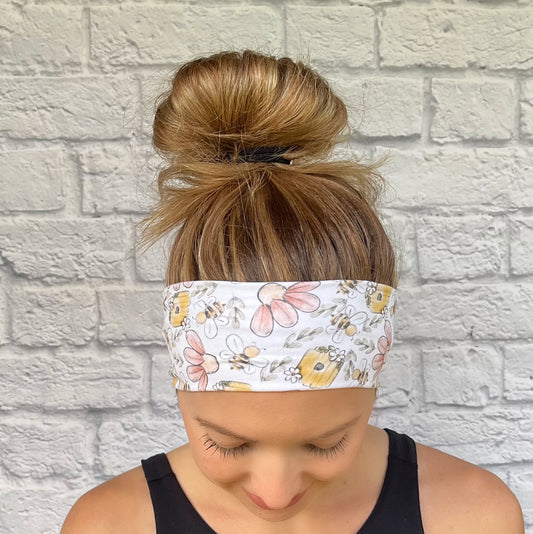 white headband with bees and flowers