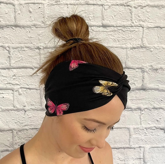 butterfly headband- black with pink yellow and blue