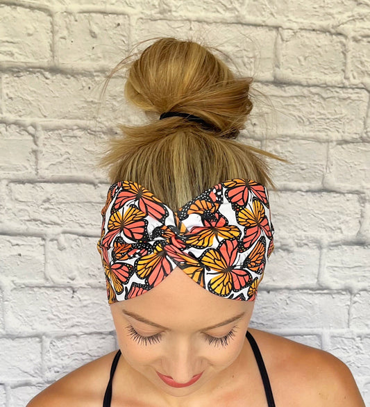 white headband with monarch butterflies