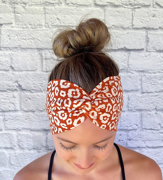 rust orange and white wide leopard headband